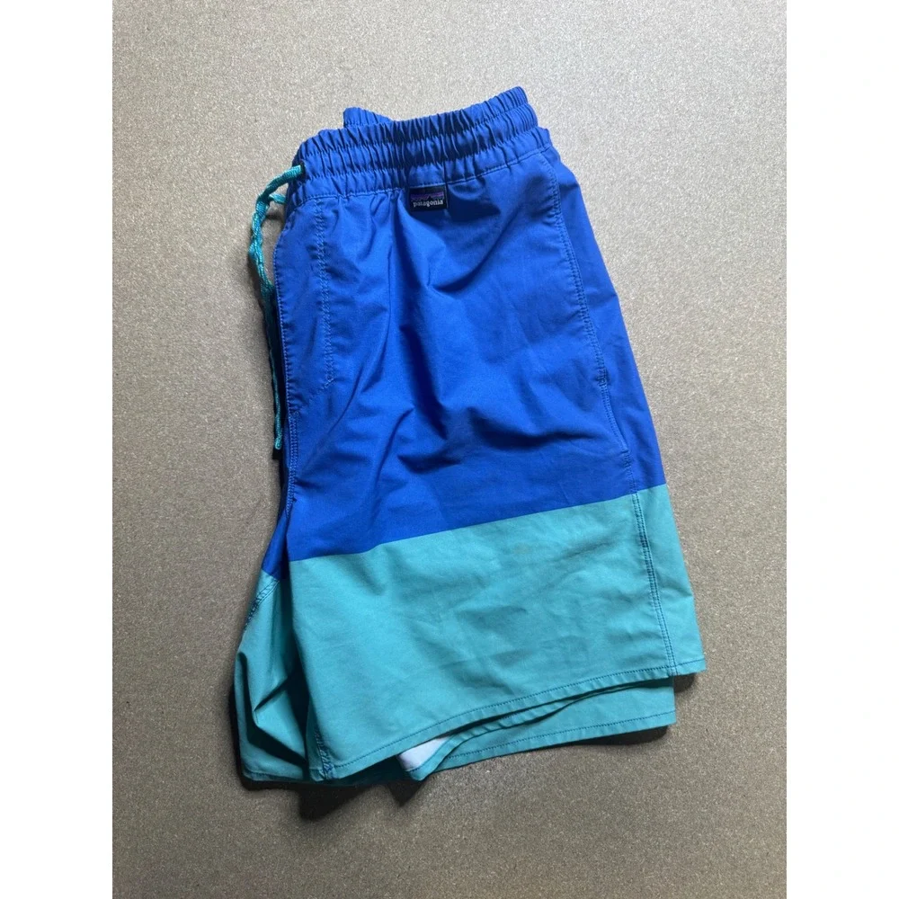 Patagonia Mens Swim Trunks Board Shorts‎ Blue Green Colorblock Elastic Waist M